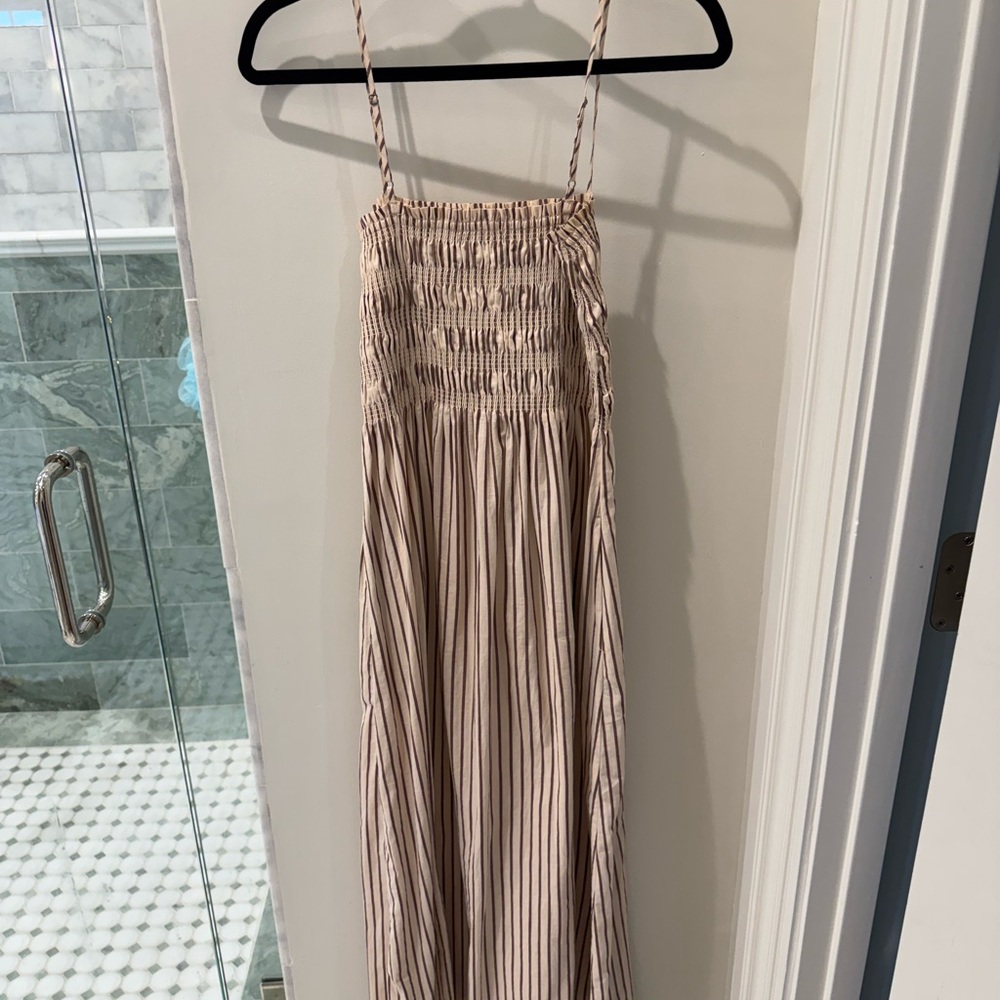 pistola Beige and Brown Striped Smocked Bodice Maxi Jumpsuit